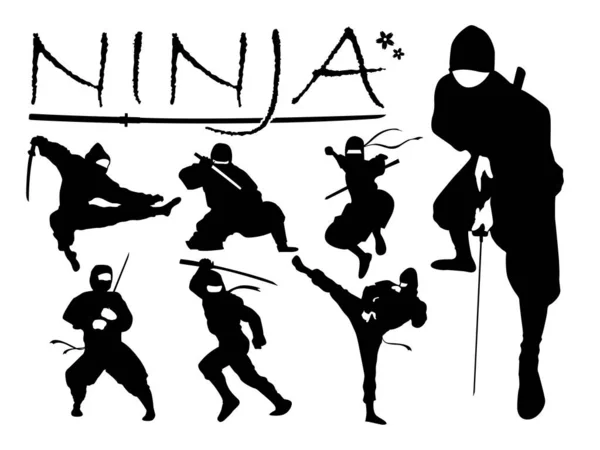 Set Ninja Silhouette Vector Illustration Ninja Weapon Silhouette Ninja Japanese — Stock Vector
