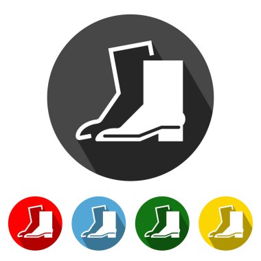 Uzun Gölgeli Güvenli Ayakkabı Düz Stil Simgesi Giyin. Dört renk varyasyonlu açılış simgesi vektör çizim ögesi. Hepsi tek bir katmanda. Tasarım için elementler.