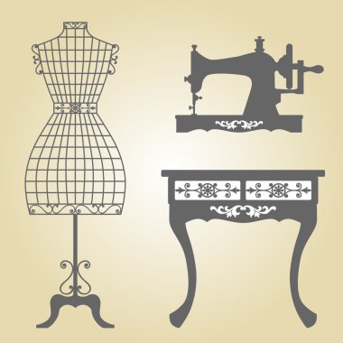 Vintage Dikiş makine ve manken vektör