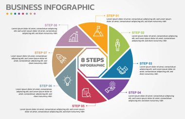 Görsel veri sunumu. 8 seçenekli döngü diyagramı. Pie Chart Circle bilgi şablonu 8 adım, seçenekler, parçalar, bölümler. İş konsepti. Pazarlama bilgisi vektör illüstrasyonu. Sektörlü düzenlenebilir pasta grafiği. Hepsi tek bir katmanda..