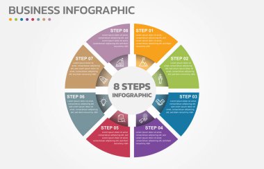 Görsel veri sunumu. 8 seçenekli döngü diyagramı. Pie Chart Circle bilgi şablonu 8 adım, seçenekler, parçalar, bölümler. İş konsepti. Pazarlama bilgisi vektör illüstrasyonu. Sektörlü düzenlenebilir pasta grafiği. Hepsi tek bir katmanda..