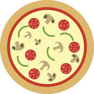 - Pizza. Mantarlı ve dolmalık biberli Pepperoni pizza. Mozzarella vektör resimli leziz İtalyan pizzası. Beyaz arka planda izole edilmiş. Vektör çizgi film illüstrasyonu.