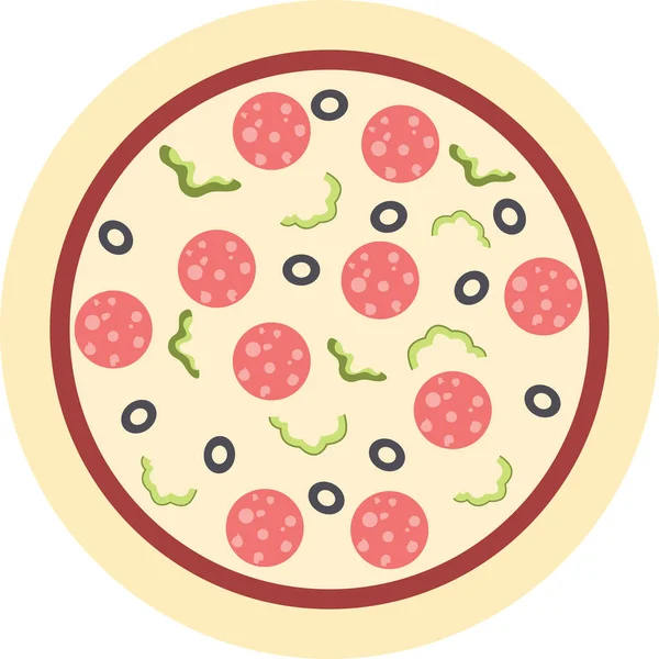 - Pizza. Zeytin ve dolmalık biberli Pepperoni pizza. Mozzarella vektör resimli leziz İtalyan pizzası. Beyaz arka planda izole edilmiş. Vektör çizgi film illüstrasyonu.