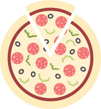 - Pizza. Biberli pizza dilimlenmiş. Lezzetli İtalyan pizzası zeytin ve dolmalık biber. Beyaz arka planda izole edilmiş. Vektör illüstrasyonu.