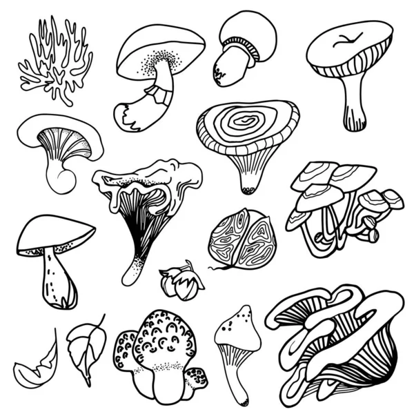 Набір чорних магічних психоделічних грибів. Розмальовка галюциногенні, фанатичні гриби. Чорно-біла ізольована Векторні ілюстрації . — стоковий вектор
