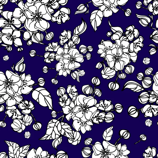 Patrón floral vintage sin costuras. Azul oscuro y blanco. Estilo oriental. Ilustración vectorial art. Para textiles de diseño, papel, papel pintado. — Archivo Imágenes Vectoriales