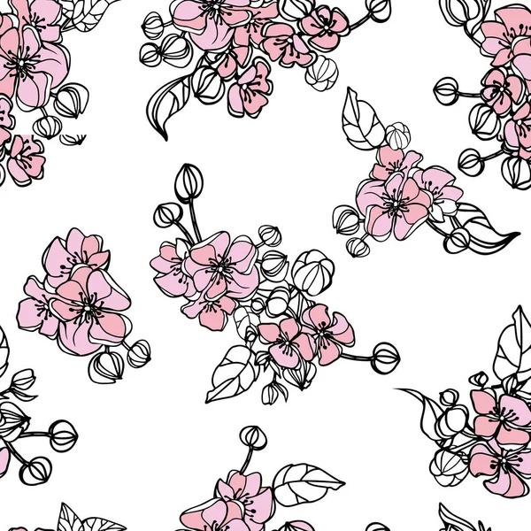 Patrón de repetición sin costuras con flores y hojas en negro y rosa pastel sobre fondo blanco. Tela dibujada a mano, envoltura de regalo, diseño de arte de pared. Ilustración vectorial — Vector de stock