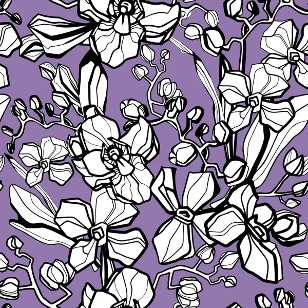 Fondo floral sin costuras. Patrón con flores decorativas, orquídeas, mariposas, burbujas. Ilustración vectorial. — Archivo Imágenes Vectoriales