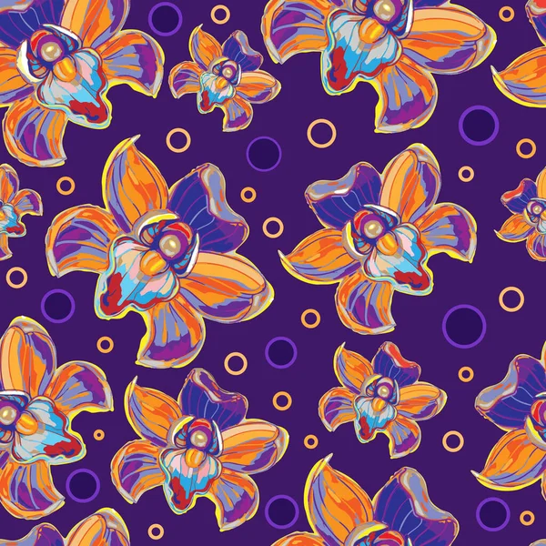 Sömlös bakgrund med blommor, orkidéer - fjärilar. Sömlös mönster, vektor illustration på lila bakgrund. — Stock vektor