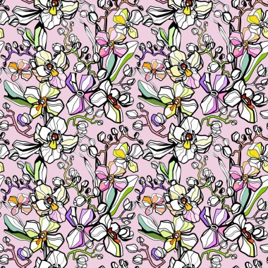 Çiçek açan Bahçe Orkidesi çiçekleriyle kusursuz bir arka plan. Orkide pürüzsüz desen. Vektör illüstrasyonu