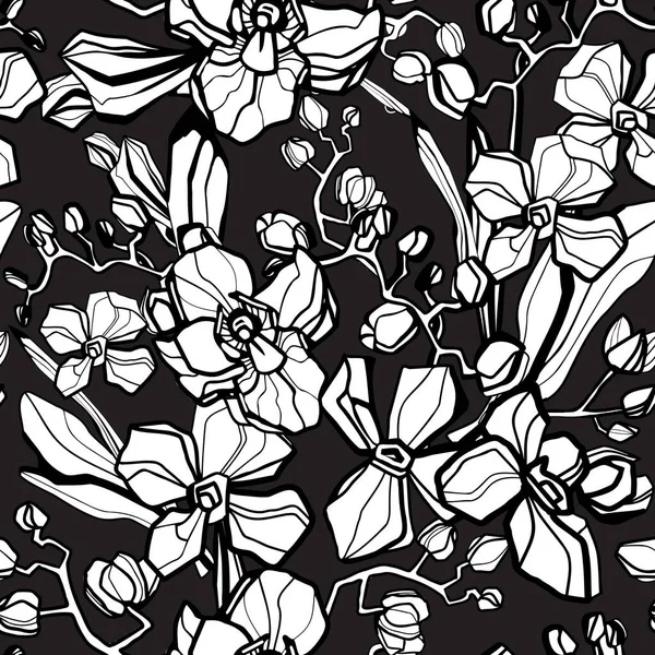 Patrón floral vintage sin costuras. Orquídea blanca y negra. Estilo oriental. Ilustración vectorial art. Para textiles de diseño, papel, papel pintado. — Archivo Imágenes Vectoriales