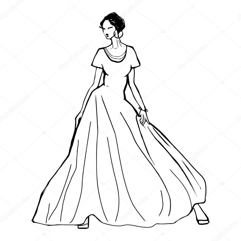 Fashion hand drawn illustration. Vector sketch. Long dress. Bride, party. Stock vector illustration.