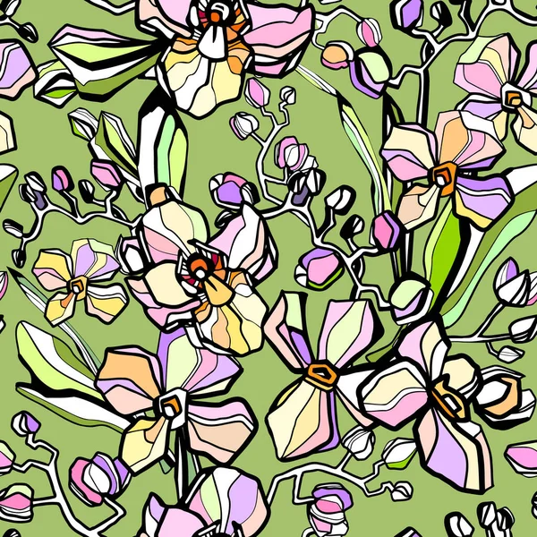 Rosa lila gult anbud orkidé blommigt sömlöst mönster. Exotiska vÃ ¥r sommar blommor blommar bladverk garland bukett. på grön bakgrund. Illustration av vektordesign. — Stock vektor