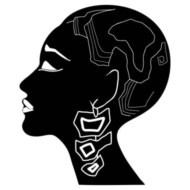 Kel ya da kısa saçlı kadın yüzünün zarif silueti. Beyaz ve siyah stili. Vektör okuma yazması