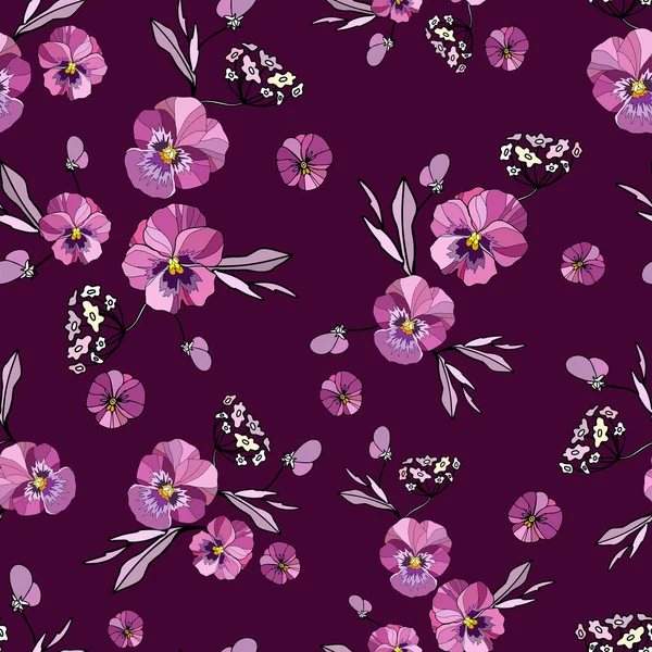 Patrón floral sin costuras con flores púrpura sobre fondo brillante. Ilustración vectorial. — Vector de stock