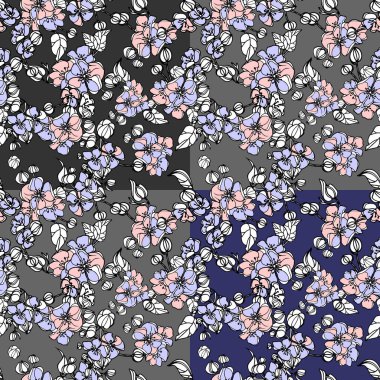 Küçük çiçeklerden oluşan sevimli bir desen. Kusursuz vektör dokusu. Moda baskıları için zarif bir şablon. Farklı arkaplanda küçük pembe çiçekler.