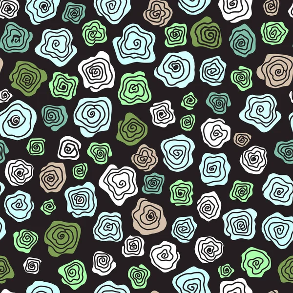 Abstraktes Muster mit Rosenblüten auf schwarzem Hintergrund. Einfacher floraler Hintergrund. Bemaltes Ornament mit weißen, grünen, blauen und rosa Blüten. Nahtlose Vektorillustration. — Stockvektor