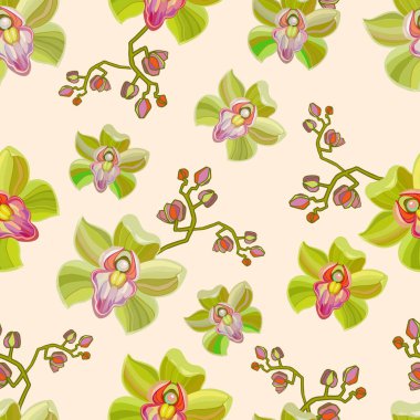 Parmak izi tasarımı için zarif orkide kalıpları. Yumuşak arka planda orkide çiçekli, pürüzsüz desen. Bahar tekstil dokusu. Tasarım ögelerini tekrarla