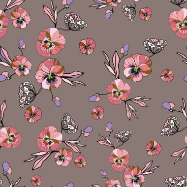 Yumuşak çiçekli, pürüzsüz desen. Tatlı pastel kırmızısı çiçekler. Moda, kumaş, ağ, duvar kağıdı ve açık bej arkaplan rengi üzerindeki tüm baskılar için tasarım.