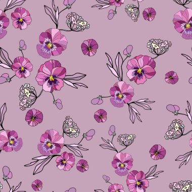 Yumuşak arka planda mor nonoş çiçekleri olan kusursuz çiçek deseni. Stok vektör illüstrasyonu.