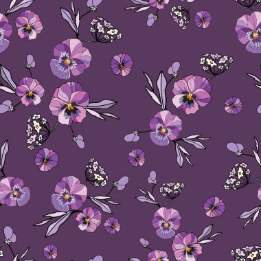 Hoş bir nonoş çiçeğiyle kusursuz dekoratif zarif desen. Mor bir arka planda, kusursuz çiçek deseni. Tekstil, duvar kâğıdı, kapaklar ve yüzey için antika suluboya baskı
