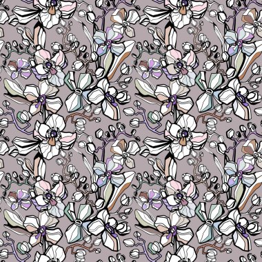 Bir çok çiçekteki küçük çiçek deseni. Tropik botanik kusursuz vektör dokusu. Moda baskıları için. Bege arkaplanına elle çizilmiş şekilde yazdırılıyor. Stok vektör illüstrasyonu.