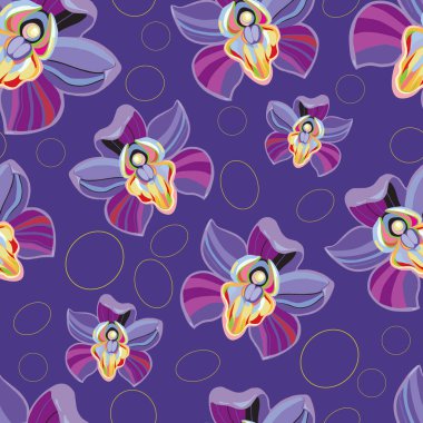 Kusursuz tropik desenli, çiçek açmış cennet orkidesi. Modern bahar baskı tasarımı. Koyu arkaplan.