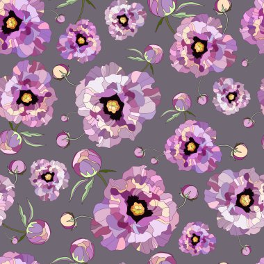 Zarif dikişsiz şakayık, gri arka planda güller. Klasik tasarım için çiçek deseni. Vektör illüstrasyonu.