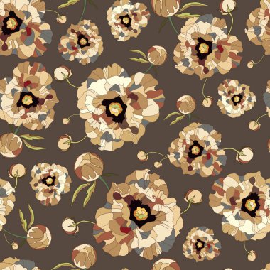 Zarif çiçek deseni. Şekillendirilmiş şakayık çiçekli kusursuz vektör baskısı. Bej arka planda güzel bir botanik kompozisyonu. Tekstil tasarımı için şablon, kumaş, duvar kağıdı, hediye paketi.
