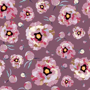 Kusursuz çiçekli vektör desenli şakayık. Çiçekler şakayık, kaliteli arka plan, doku, baskı. Pastel pembe arka planda çizilmiş. Vektör illüstrasyonu