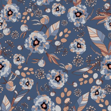 Şakayık ve güller. Çiçekli, dikişsiz desen. Şakayık çiçekleri, egzotik yapraklar, dallar ve böğürtlen buketleri mavi arka planda. Vektör illüstrasyon sanatı.