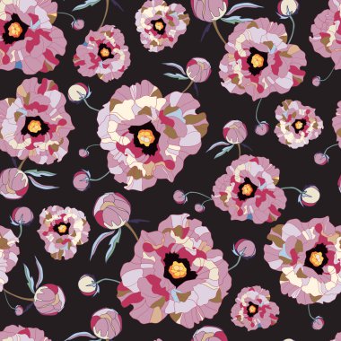 Kusursuz desenli şakayık. Klasik çiçekleri, şakayıkları dalları, koyu arkaplanda buketleri çizdim. Büyük, kaliteli çiçek deseni. Stok vektör illüstrasyonu