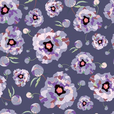 Kusursuz desenli şakayık. Klasik çiçeklerin, şakayıkların dallarının, mor arka planda buketlerin çizimi. Büyük çiçek deseni. Stok vektör illüstrasyonu