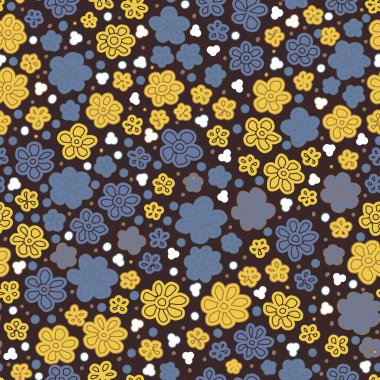 Gri arka planda sarı çiçekli kusursuz tekrar desenleri var. El yapımı kumaş, hediye paketi, duvar tasarımı. Stok vektör illüstrasyonu
