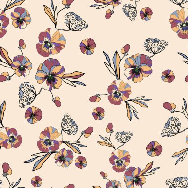 Seamless decorative elegant pattern with cute flower of pansy. Amazing drawn seamless floral pattern on a light background. Vintage antique watercolor vector print.