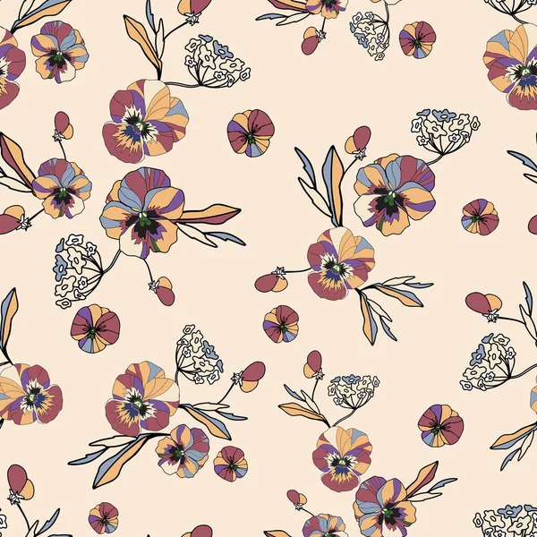 Seamless Decorative Elegant Pattern Cute Flower Pansy Amazing Drawn Seamless — Vetor de Stock