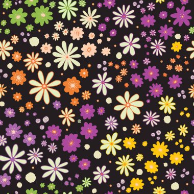 Koyu renksiz vektör desenli çiçek tarlası. Tekrarlayan yoğun özgürlük çayırlık arka plan karalama. İskandinav tarzı sanat çiçekleri. Kumaş, duvar kağıdı, doku, baskı için