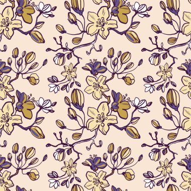 Bir çok çiçekteki küçük çiçek deseni. Tropik botanik kusursuz vektör dokusu. Moda baskıları için. Bej arkaplanda elle çizilmiş yazı tipi. Stok vektör illüstrasyonu.