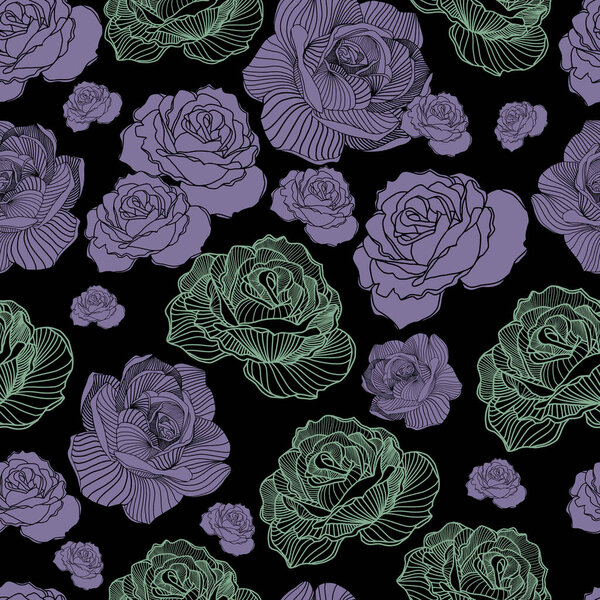 Бесшовный цветочный ручной рисунок детальный узор, букет цветов. Красивая векторная иллюстрация текстуры с розами на темном фоне