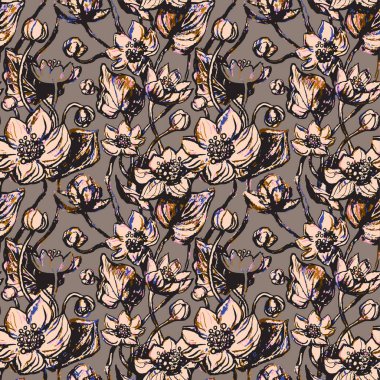 Doğrusal desen - nilüfer çiçeği, nilüfer çiçeği. Nilüfer çiçekleri kusursuz desen. Çizim sanatıyla monoton. Egzotik bej arkaplan dokusu. Tropikal çiçek desenli sanat baskısı.