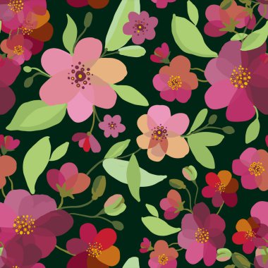 Suluboya sakura ve dikenli desen. Çiçek açan kiraz ağacı dallarıyla kusursuz doğal doku. Koyu yeşil arka planda el çizimi Japon çiçekleri. Çiçek vektör illüstrasyonu