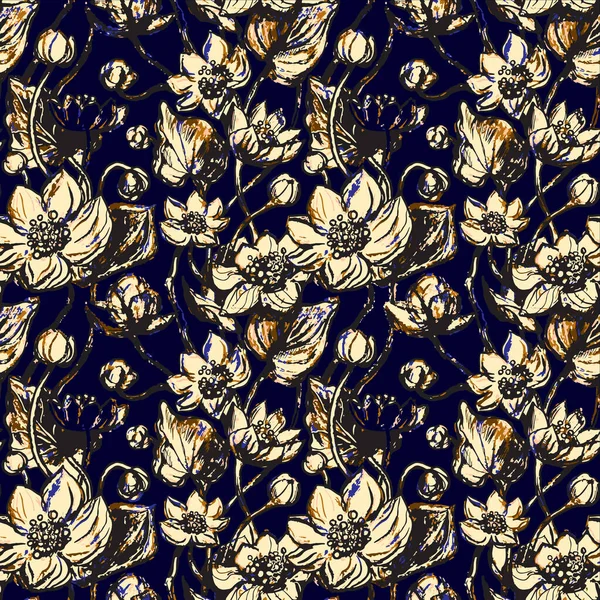 Modèle Linéaire Lotus Fleurs Nénuphars Lotus Fleurs Motif Sans Couture — Image vectorielle