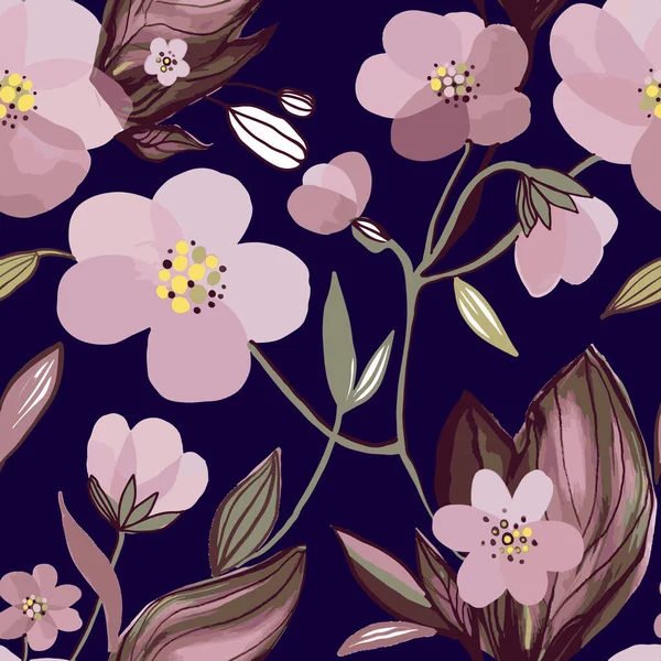 Abstrakt Blommigt Sömlöst Mönster Pastellrosa Färger Målning Mörkblå Bakgrund Trendiga — Stock vektor