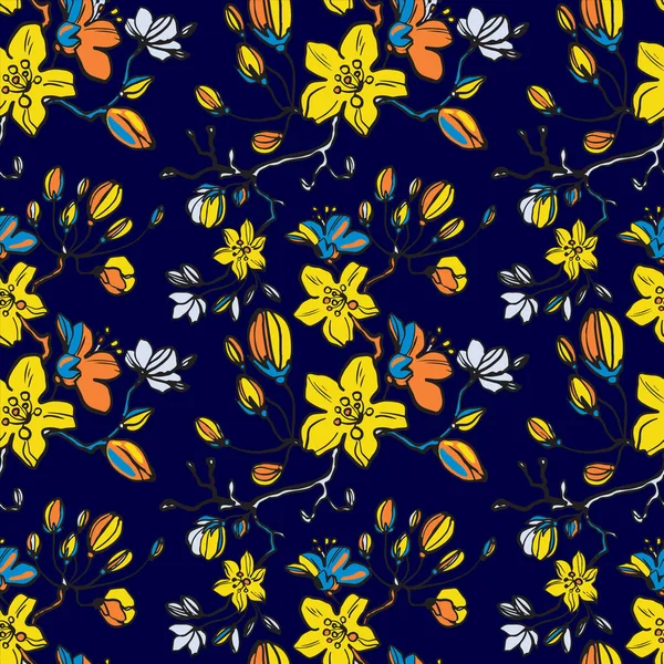 Motif Floral Vectoriel Graphique Coloré Sans Couture Sur Fond Bleu — Image vectorielle