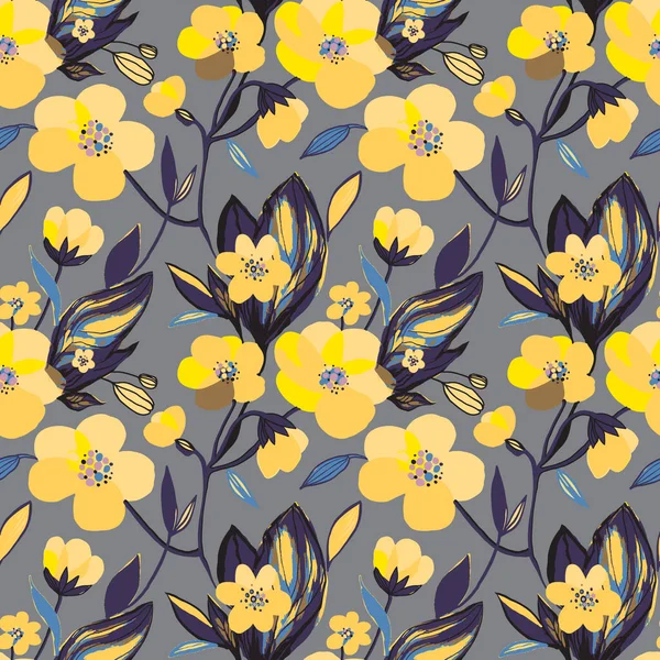 Fleurs Jaunes Fleurs Dessinées Main Motif Sans Couture Botanique Floral — Image vectorielle