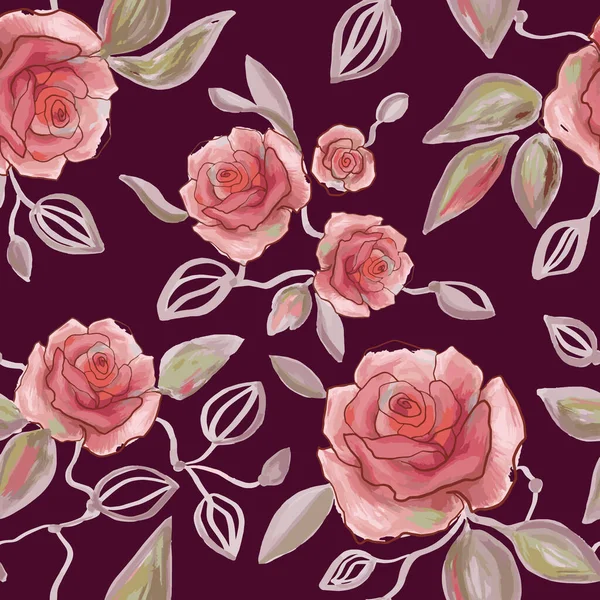 手绘水彩画和线条艺术花卉无缝图案与嫩粉色牡丹 玫瑰在矢量的勃艮第背景 花枝质感 印刷品 — 图库矢量图片