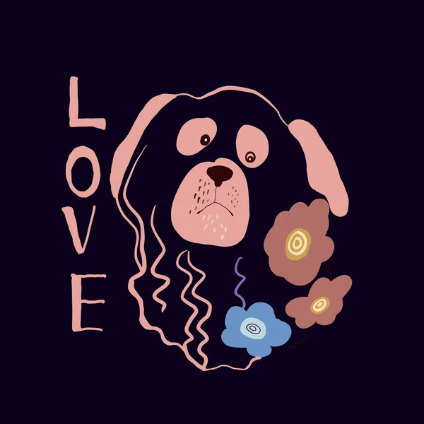 Cute Narysowany Różowy Pies Twarz Kwiatami Napisem Miłość Słodkie Grafiki — Wektor stockowy