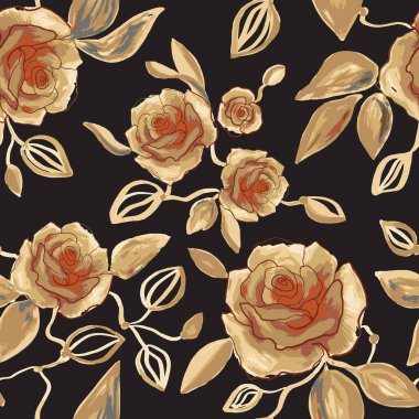 Elle çizilmiş suluboya ve ince desenli çiçek deseni, yumuşak altın şakayıklar, siyah arka planda güller. Çiçekli gül dalı dokusu, yazdırma.