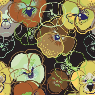 Çiçeksiz desenlerin vektör çizimi. Kahverengi, kırmızı, sarı, koyu arkaplanda yeşil çiçekler. Suluboya ve resim çizimi. Doğrusal nonoş izi, doku.