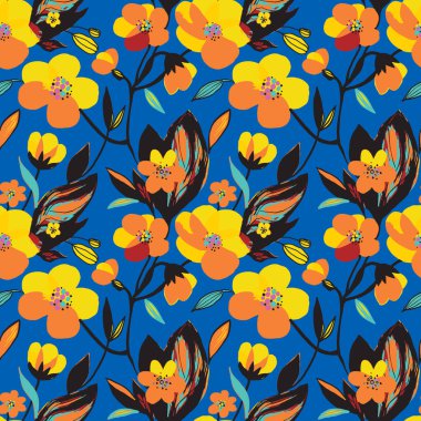 El çizimi sarı çiçek deseni pürüzsüz. Botanik çiçekleri ve geriye kalanlar. Siyah mavi arkaplanda vektör baskısı, doku.